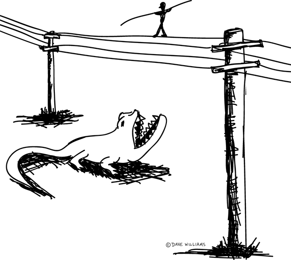 Drawing of a tightrope walker on electrical lines, with a creature waiting below him with opened mouth