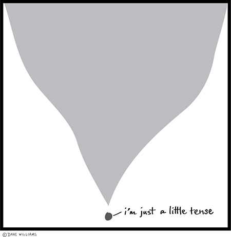 Drawing of a little circle underneath a large, pointy object, and the circle says "I'm just a little tense."