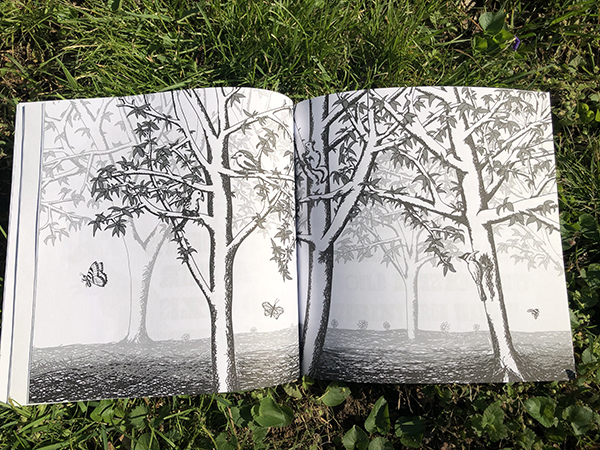 A page spread of an illustration of trees. Three birds and a squirrel are on the trees. Two butterflies and a bee fly around.