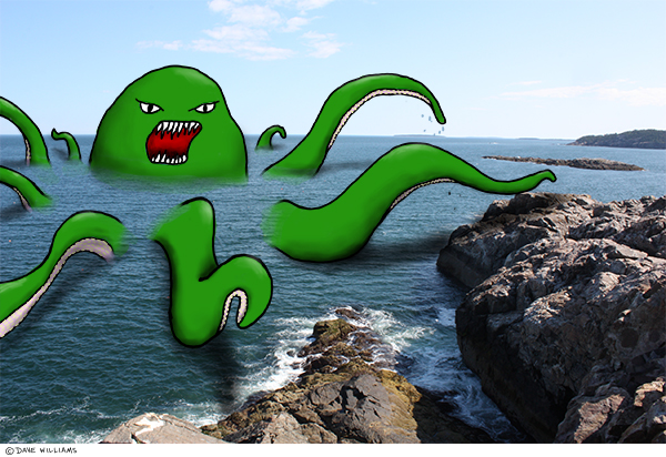 Illustration of an octopus rising from the ocean, and its tentacles are reaching for the rocky coastline