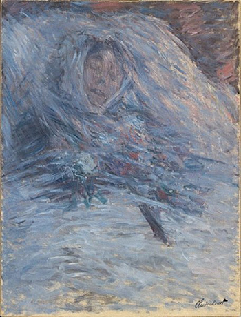 Camille Monet on her deathbed, with paint strokes of white and gray and lavender
