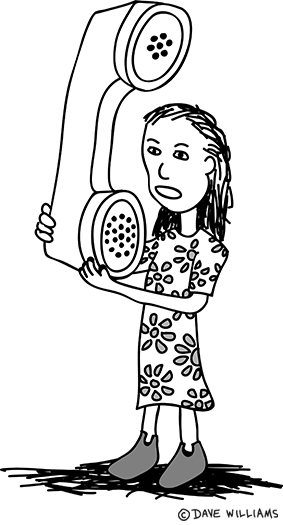 Drawing of a girl holding a large, fake phone