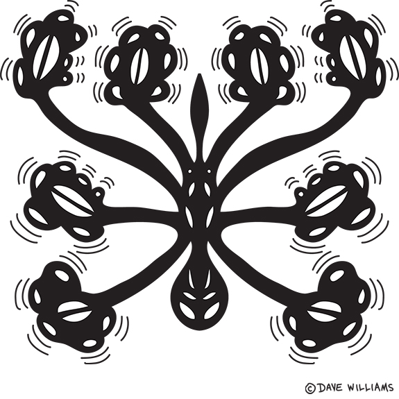 Drawing of an unusual spider. Each of the eight legs ends in a bulb shape, with little squiggly lines around the bulb shape. The spider's head has six eyes in different shapes.