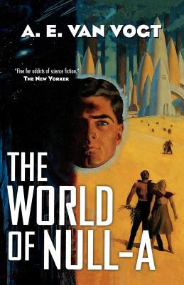 Cover of The World of Null-A, with the illustration of a head partially covered in shadow. In the background are drawings of a man and woman, as well as rocket ships and very tall trees.