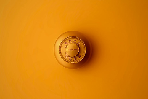 Photo of a circular thermostat on an orange wall.