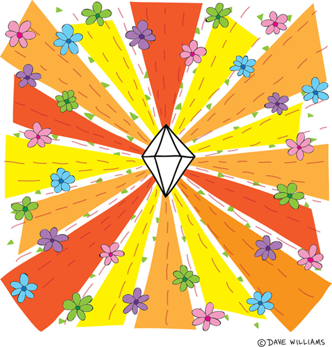 illustration with diamond in the middle and sunbursts spreading from it and there are flowers around