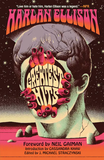cover for the book Greatest Hits. The cover has the illustration of a man's head and neck, with fingers peeling away the face to reveal the title.