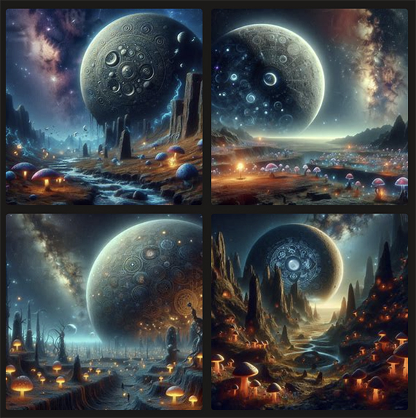 Four illustrations of the moon and space, along with glowing mushrooms in the foreground