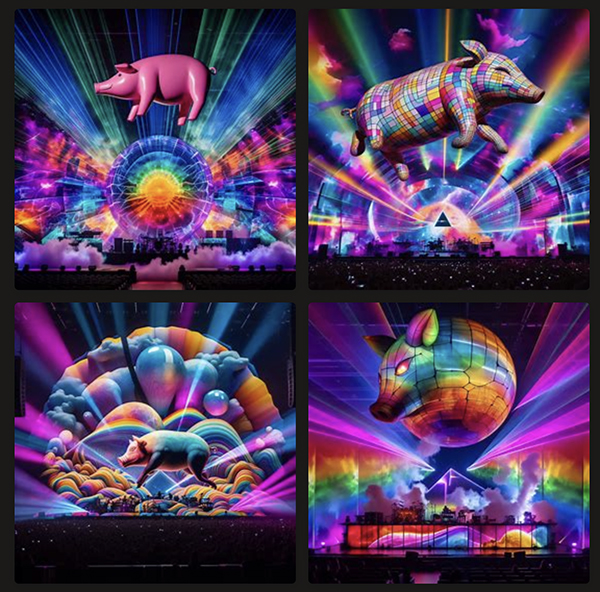illustrations of concert, with rainbow colored lights and inflatable pigs